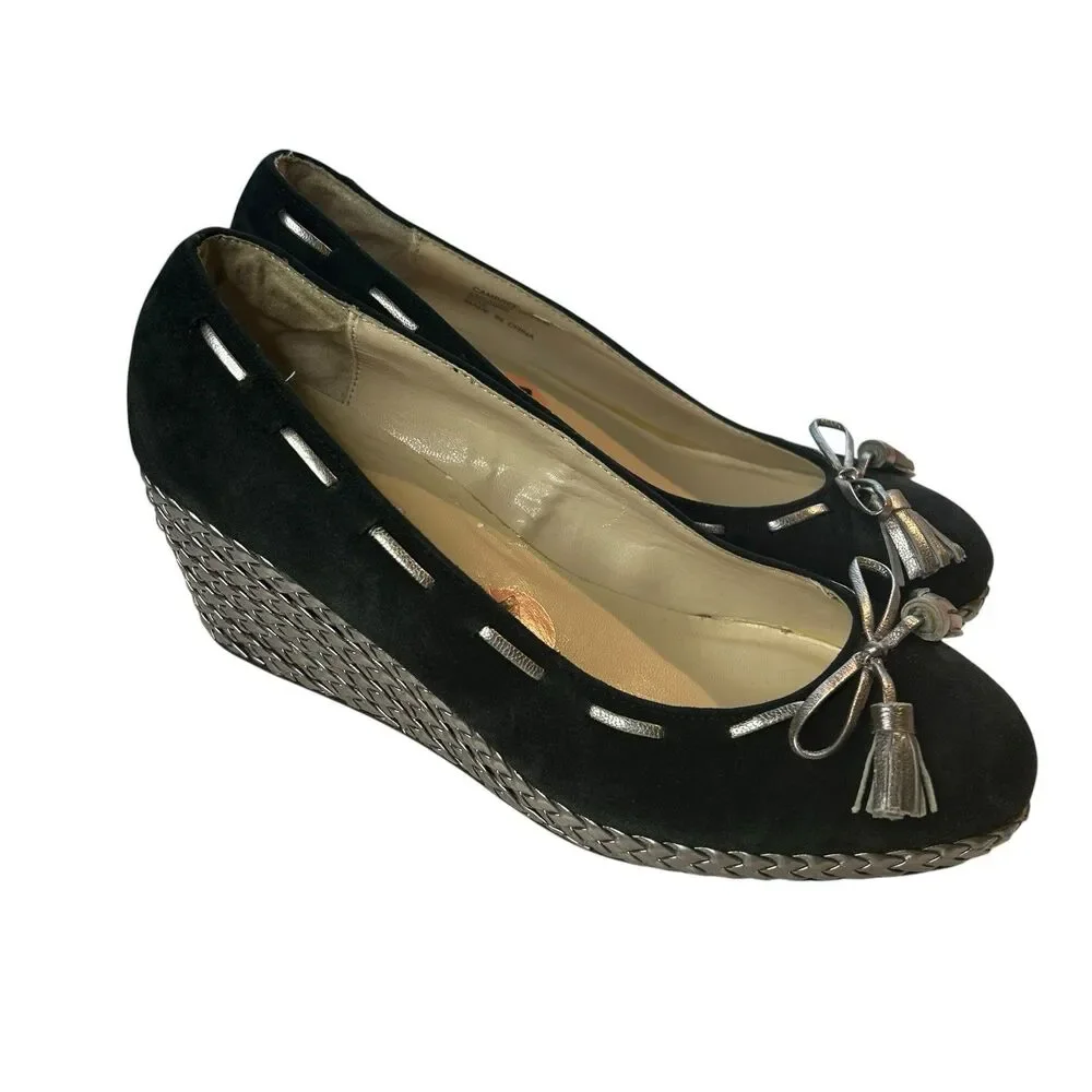 Lauren Ralph Lauren Black Suede Espadrille Wedge Size 7B Cambree Silver Metallic